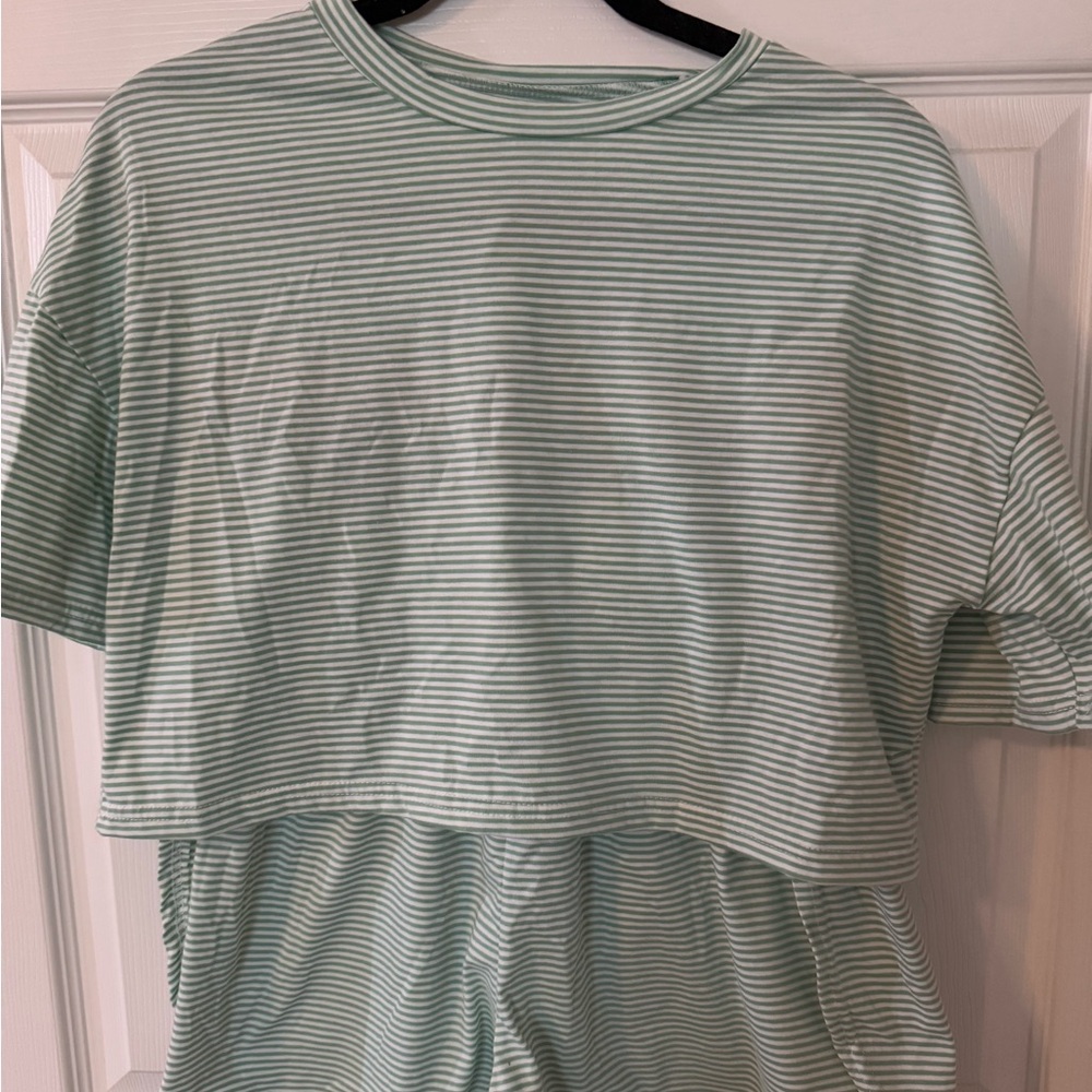 Sexy Side Slit Striped Green Two-Piece  Sleep Set